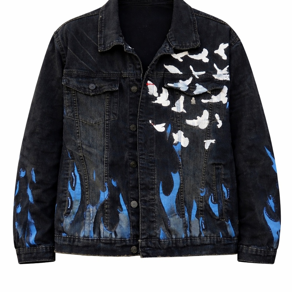 INDUSTRIAL INDIGO Black Denim Jacket Men’s 3XL Blackbird Flames Skater Grundge